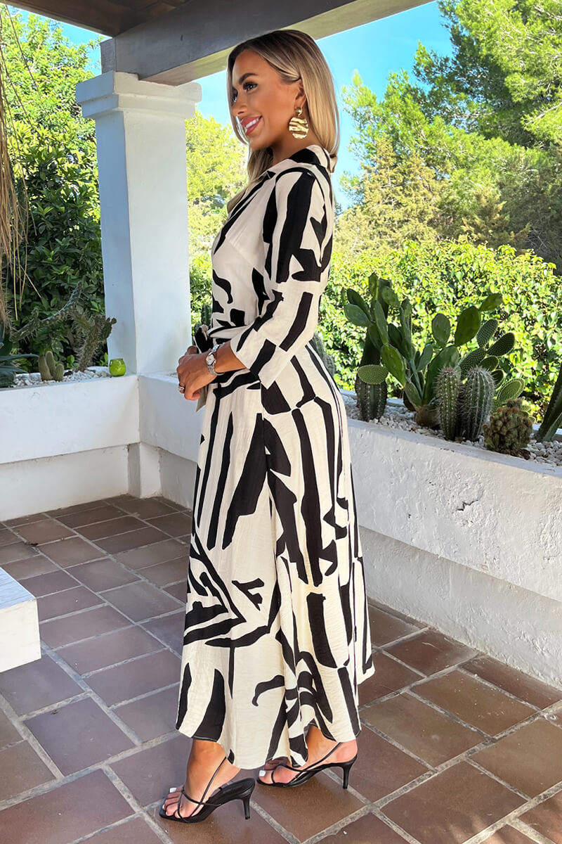 Black And Cream Abstract Print 3/4 Sleeve Shirt Midi Dress