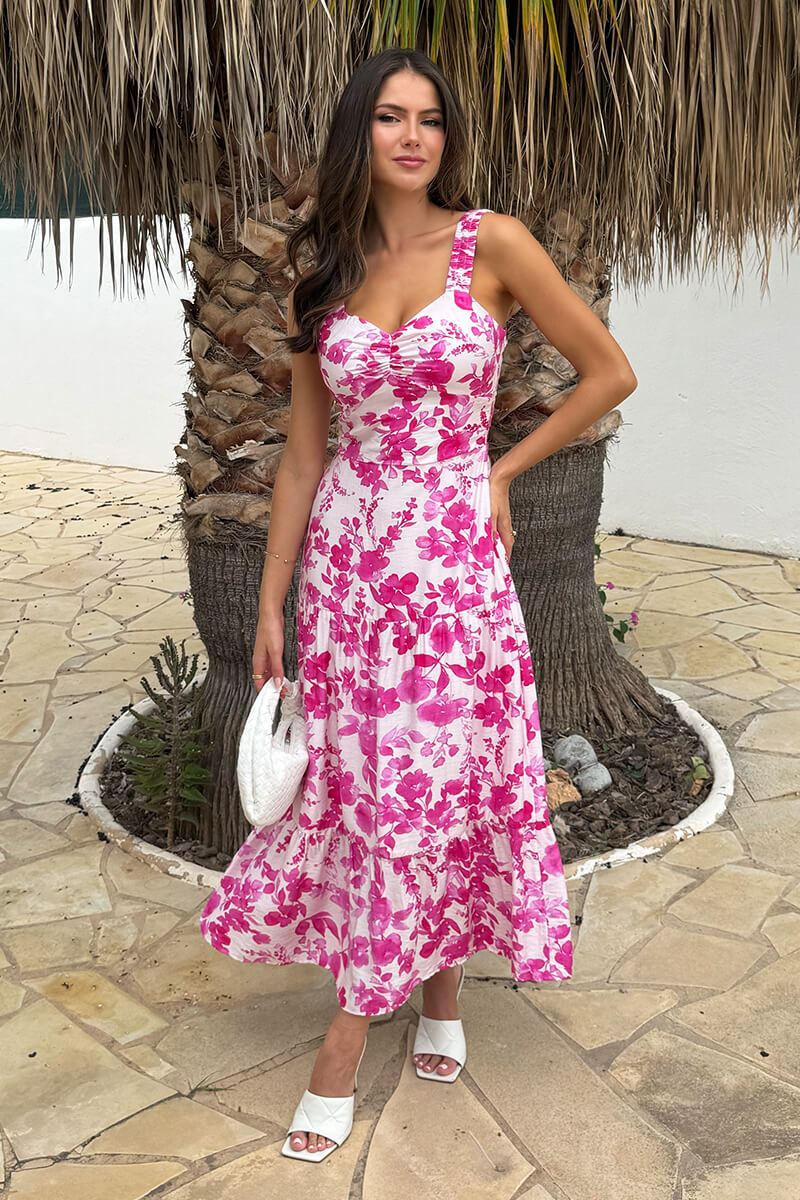 Pink And White Floral Print Shirred Straps Tiered Midi Dress – AX Paris US