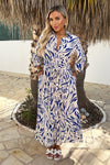 Blue And Cream Brush Stroke Print 3/4 Sleeve Shirt Midi Dress