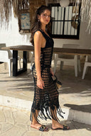 Black Open Stitch Crochet Tassel Midi Dress