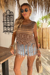 Mocha Open Stitch Crochet Tassel Crop Top