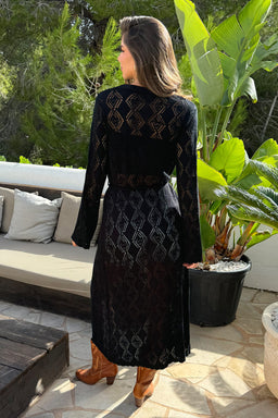 Black Crochet Longline Tie Waist Cardigan