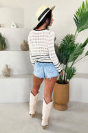 Cream Contrast Hem Crochet Long Sleeve Top