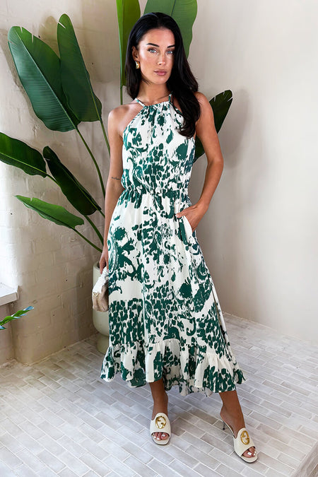Multi Printed Frill Hem High Neck Midi Dress
