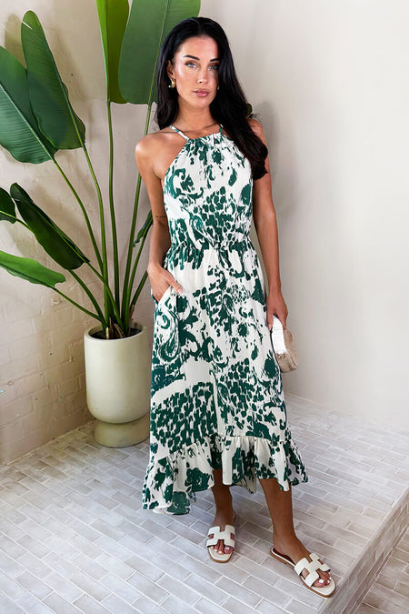 Multi Printed Frill Hem High Neck Midi Dress