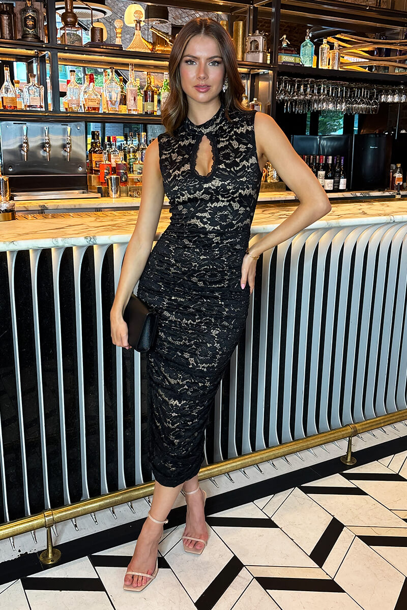 Black Lace Contrast Keyhole Neck Ruched Midi Dress AX Paris US Black Lace Contrast Keyhole Neck Ruched Midi Dress AX Paris US