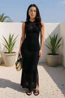 Black Crochet Knit Split Leg Midi Dress