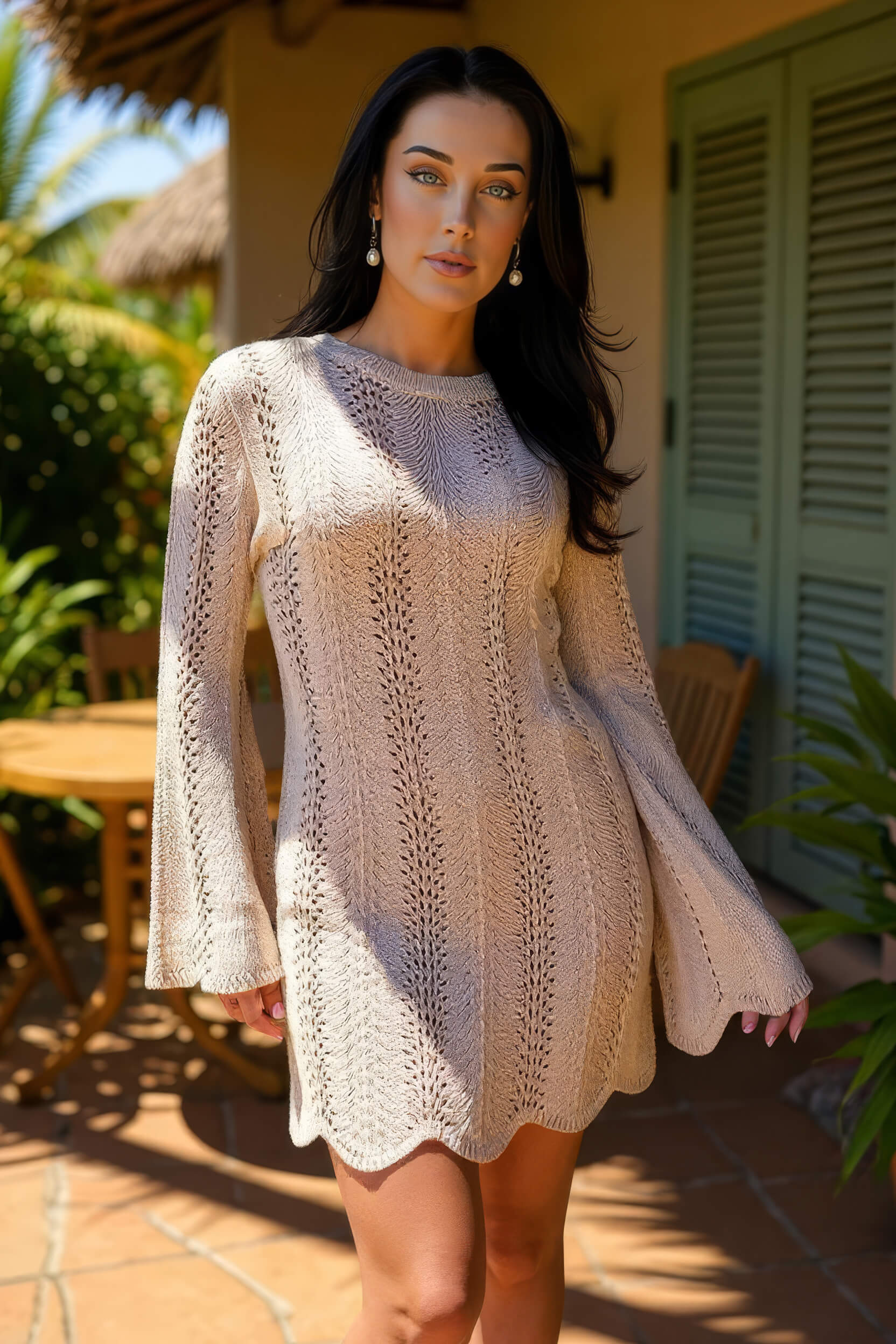 Biscuit Long Sleeve Crochet Mini Dress AX Paris US Biscuit Long Sleeve Crochet Mini Dress AX Paris US