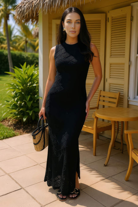 Black Crochet Knit Split Leg Midi Dress