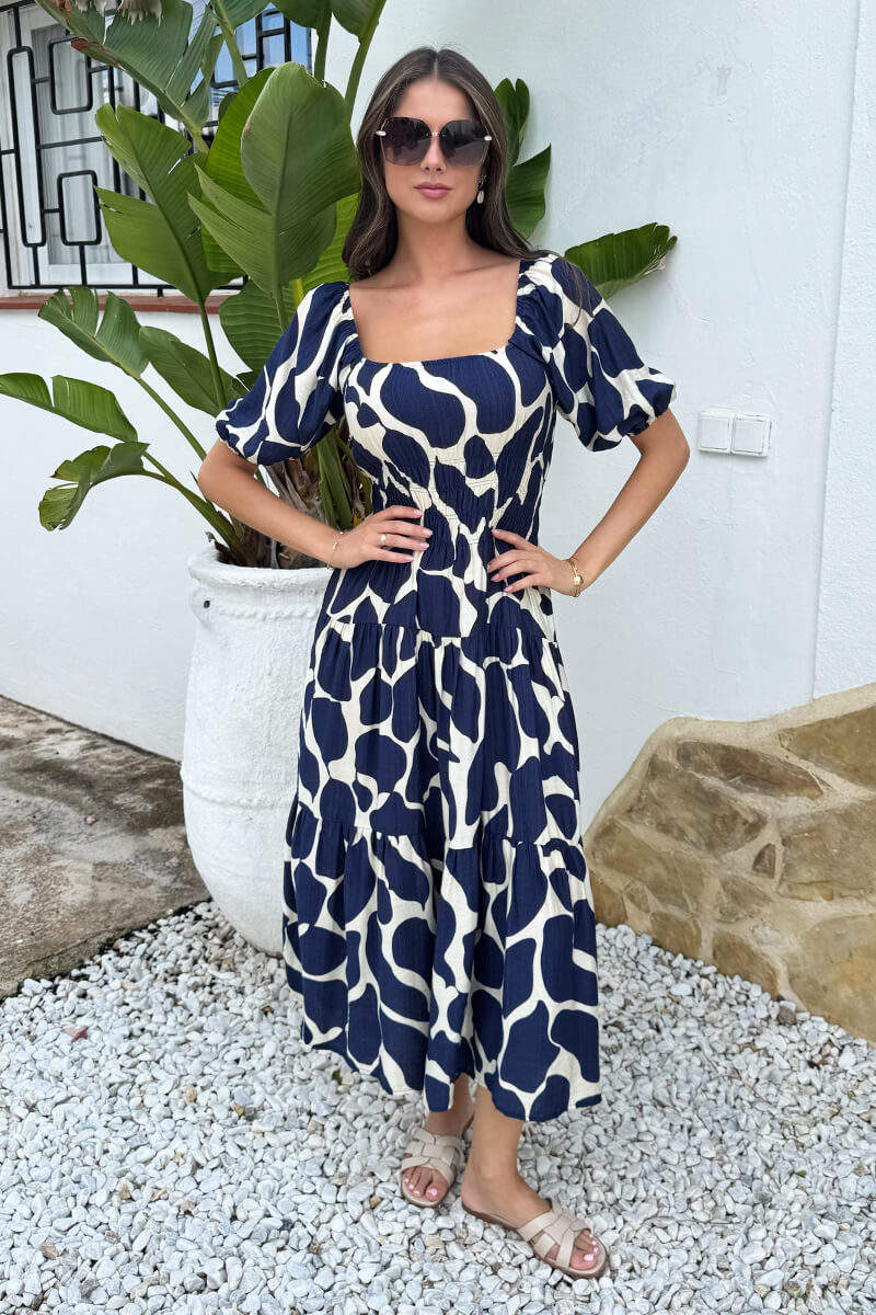 AX Paris Women's Navy & Cream Abstract Print Puff Sleeve Smock Midi Dress