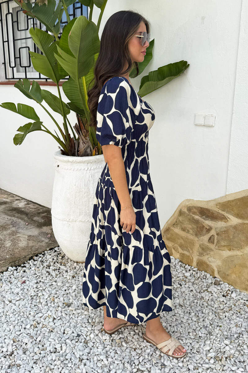 AX Paris Women's Navy & Cream Abstract Print Puff Sleeve Smock Midi Dress