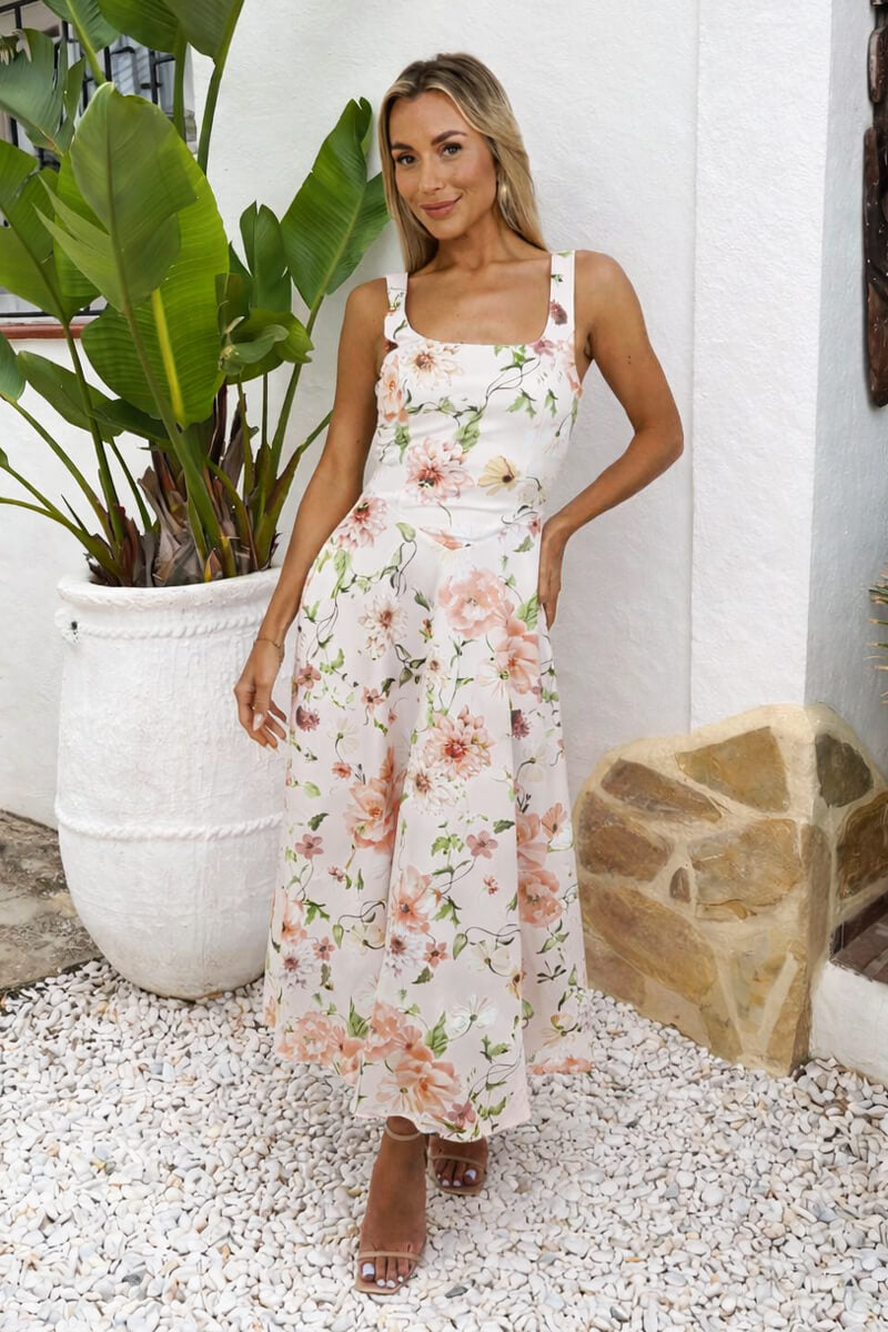 AX Paris Women's Multi Floral Print Square Neck A-line Midi Dress