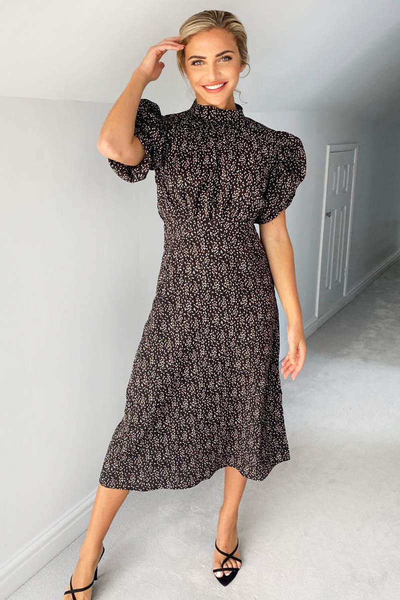 Black Ditsy Floral Puff Sleeve Midi Dress