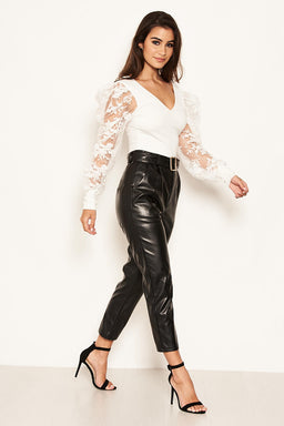 Black Faux Leather Belted Trousers