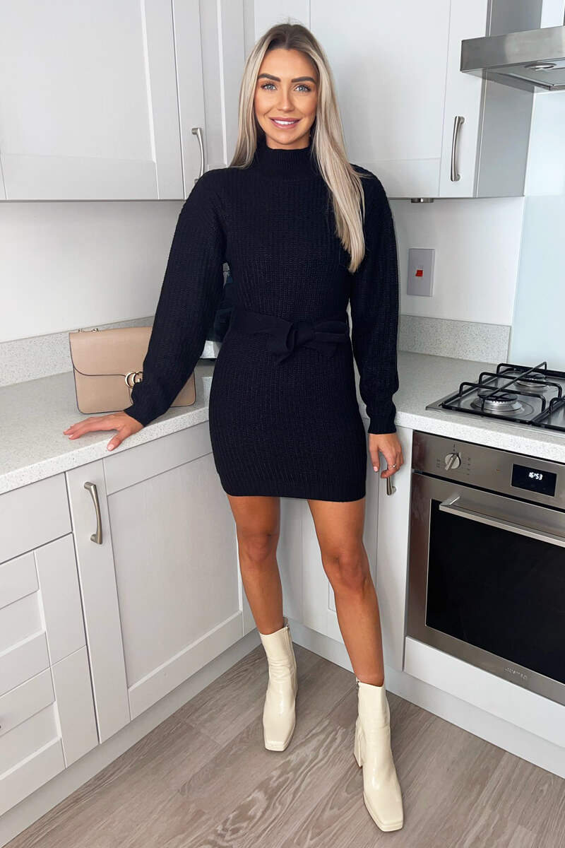 Black High Neck Belted Knitted Jumper Dress