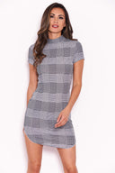 Black Check Bodycon Dress With High Neck