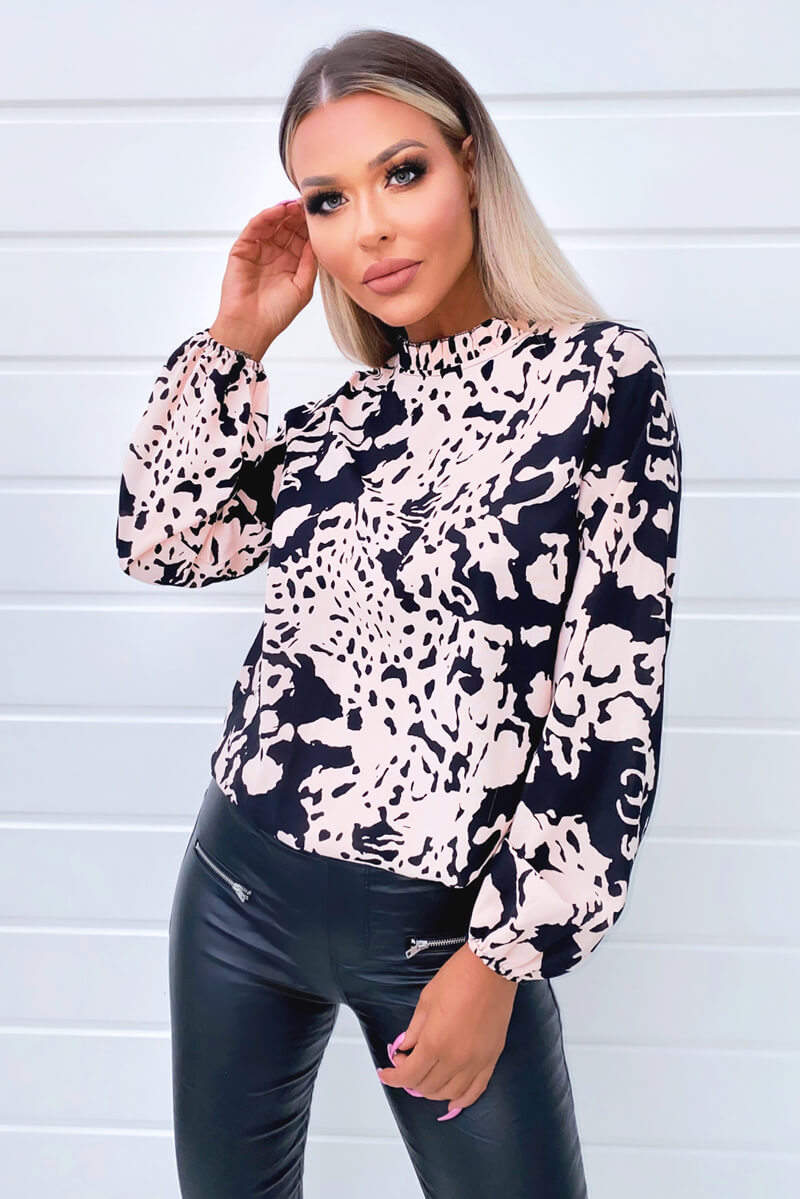 Black Nude Abstract Print High Neck Blouse