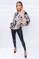 Black Nude Abstract Print High Neck Blouse