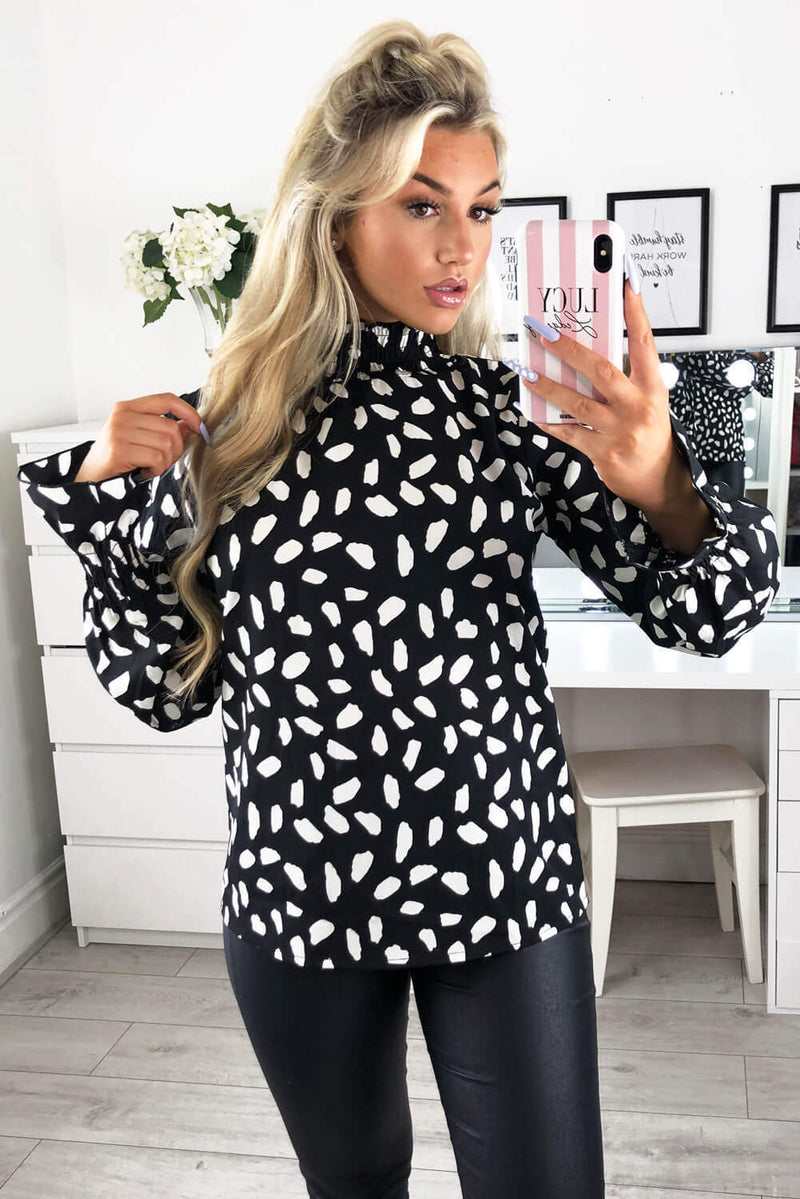 Black Patterned High Neck Top