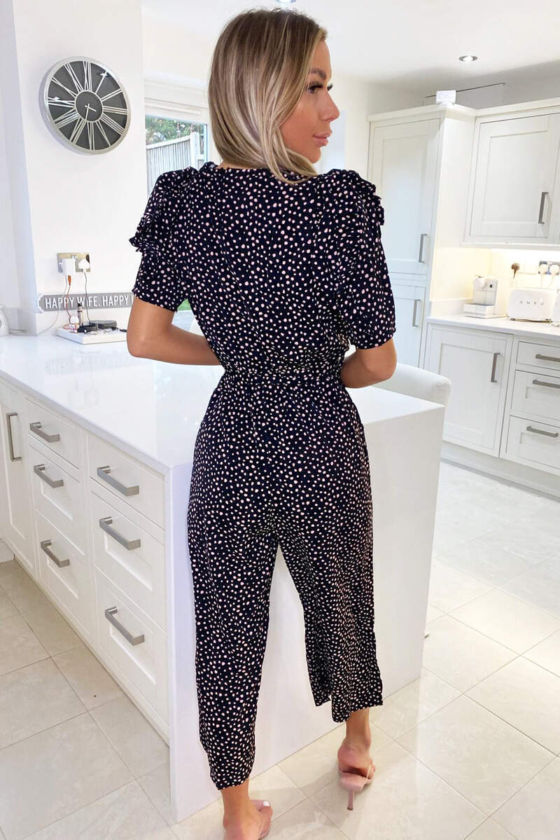 Black Pink Polka Dot Pleat Sleeve Jumpsuit