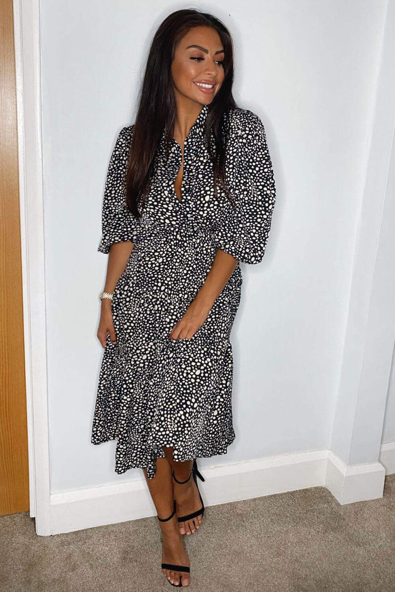 Black Printed Button Up Swing Midi Dress