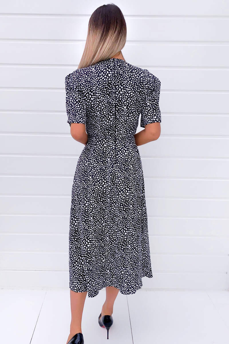 Black Printed Split Hem Midi Dress