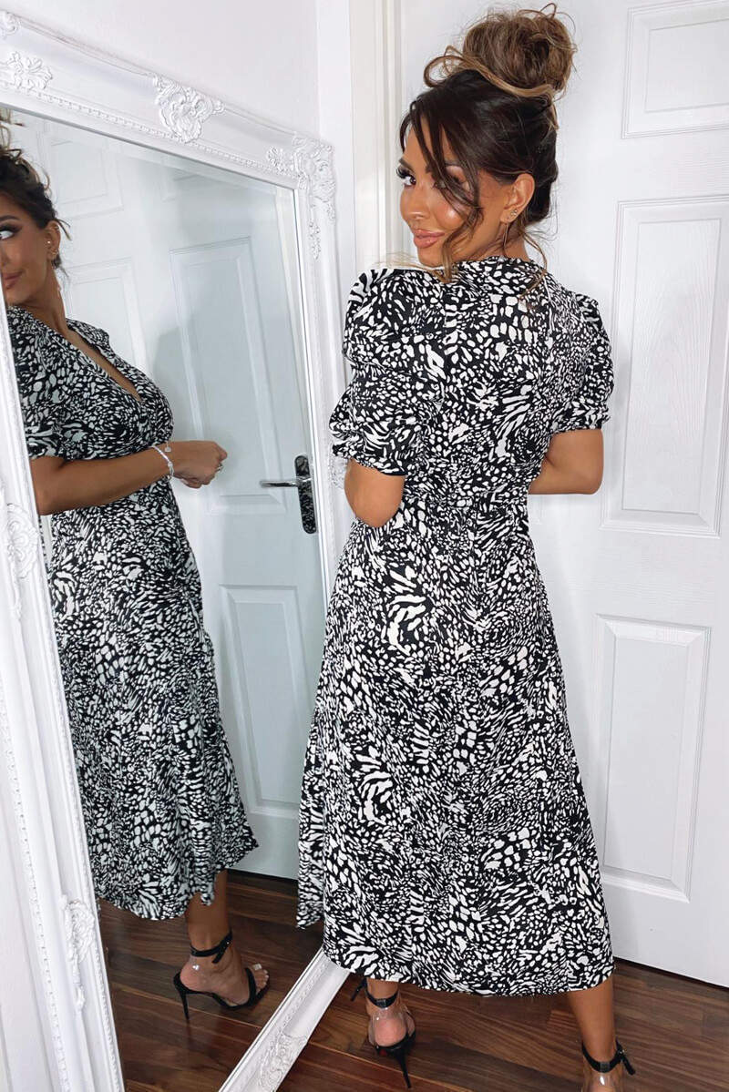 Black Printed Split Leg Midi Dress