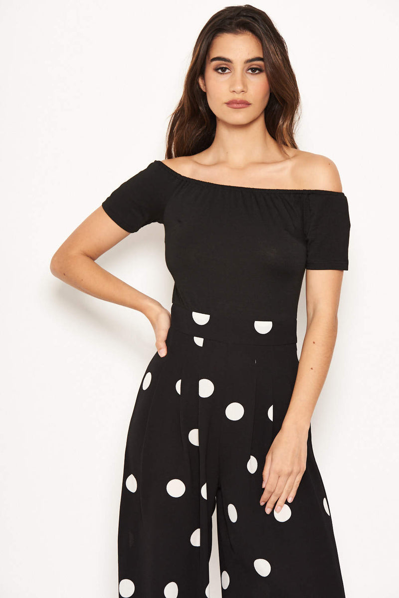 Black Spot Print Bardot Jumpsuit