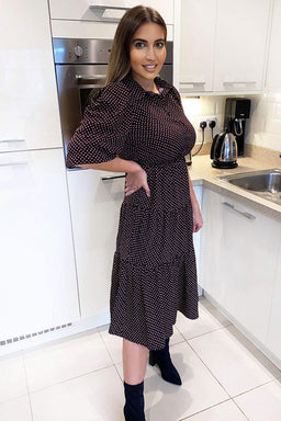 Black Square Printed Button Up Swing Dress