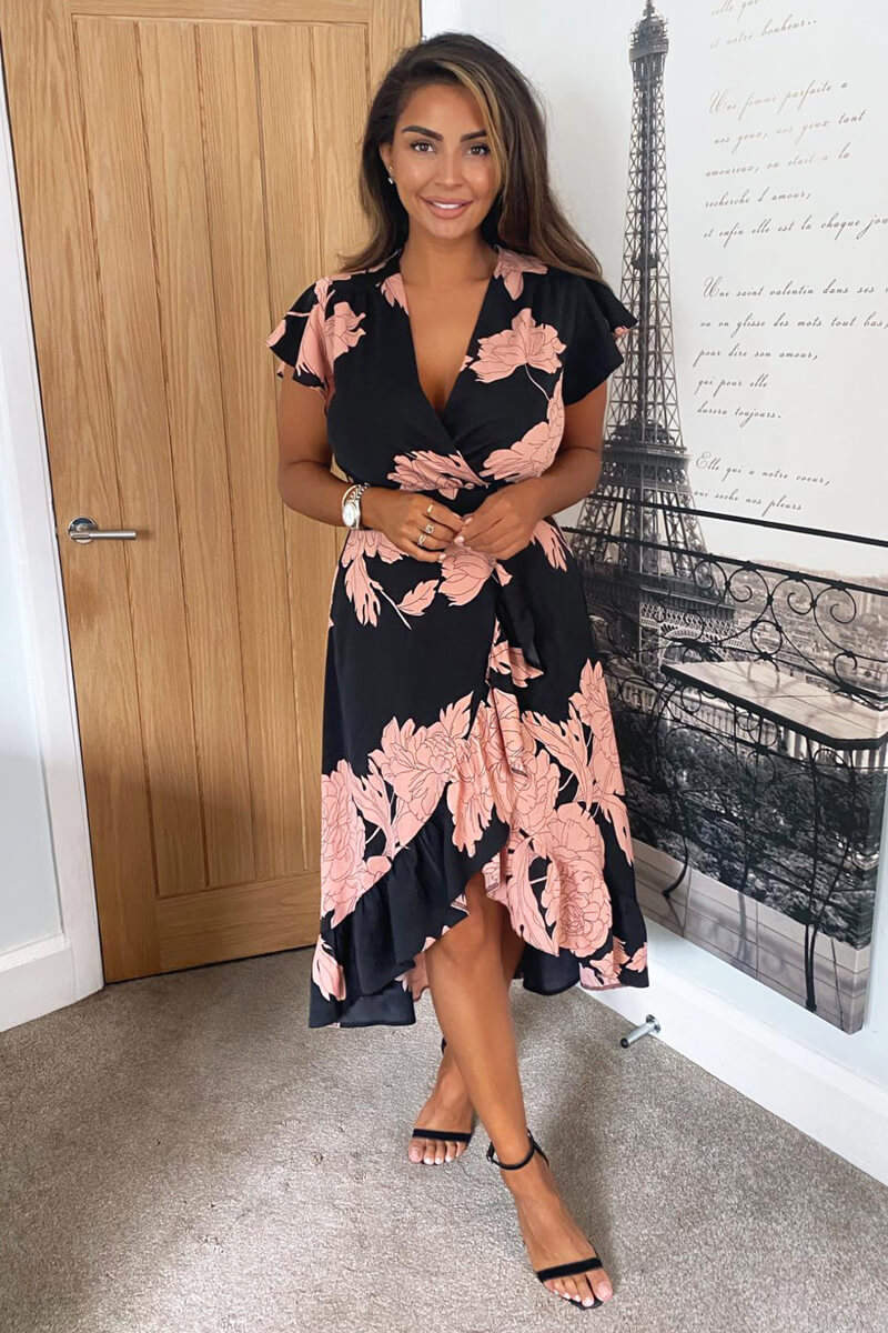 black floral wrap midi dress Black and Blush Floral Print Wrap Midi Dress – AX Paris US