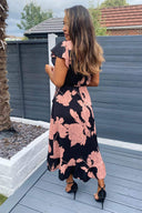 Black and Blush Floral Print Wrap Midi Dress