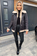 Black and Cream Faux Suede Aviator Jacket