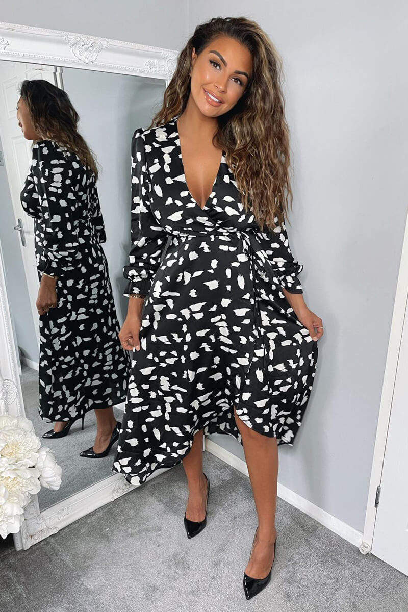 Black and White Printed Wrap Midi Dress