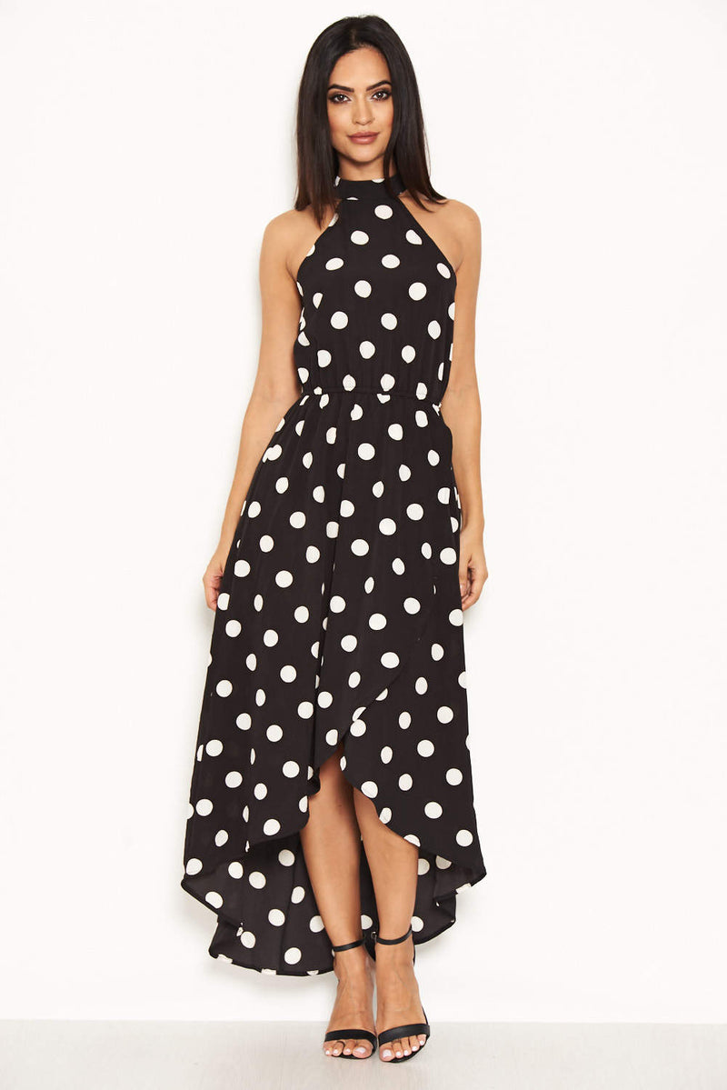 Black Polka Dot High Neck Wrap Dress