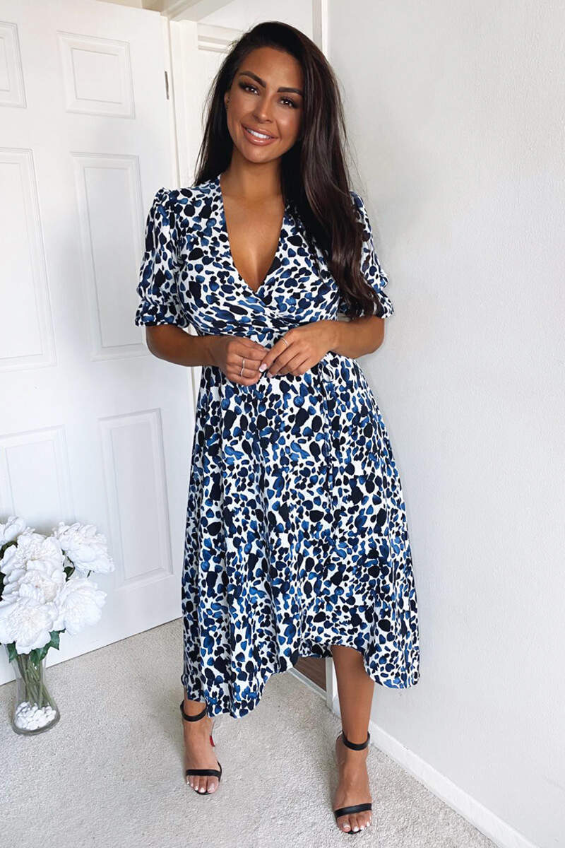 Blue Printed Wrap Tie Midi Dress