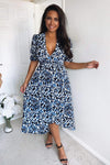 Blue Printed Wrap Tie Midi Dress