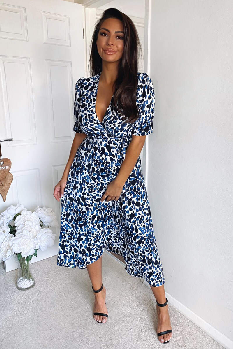 Blue Printed Wrap Tie Midi Dress