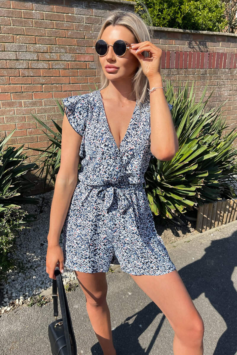 Blue Printed Wrap Tie Waist Playsuit