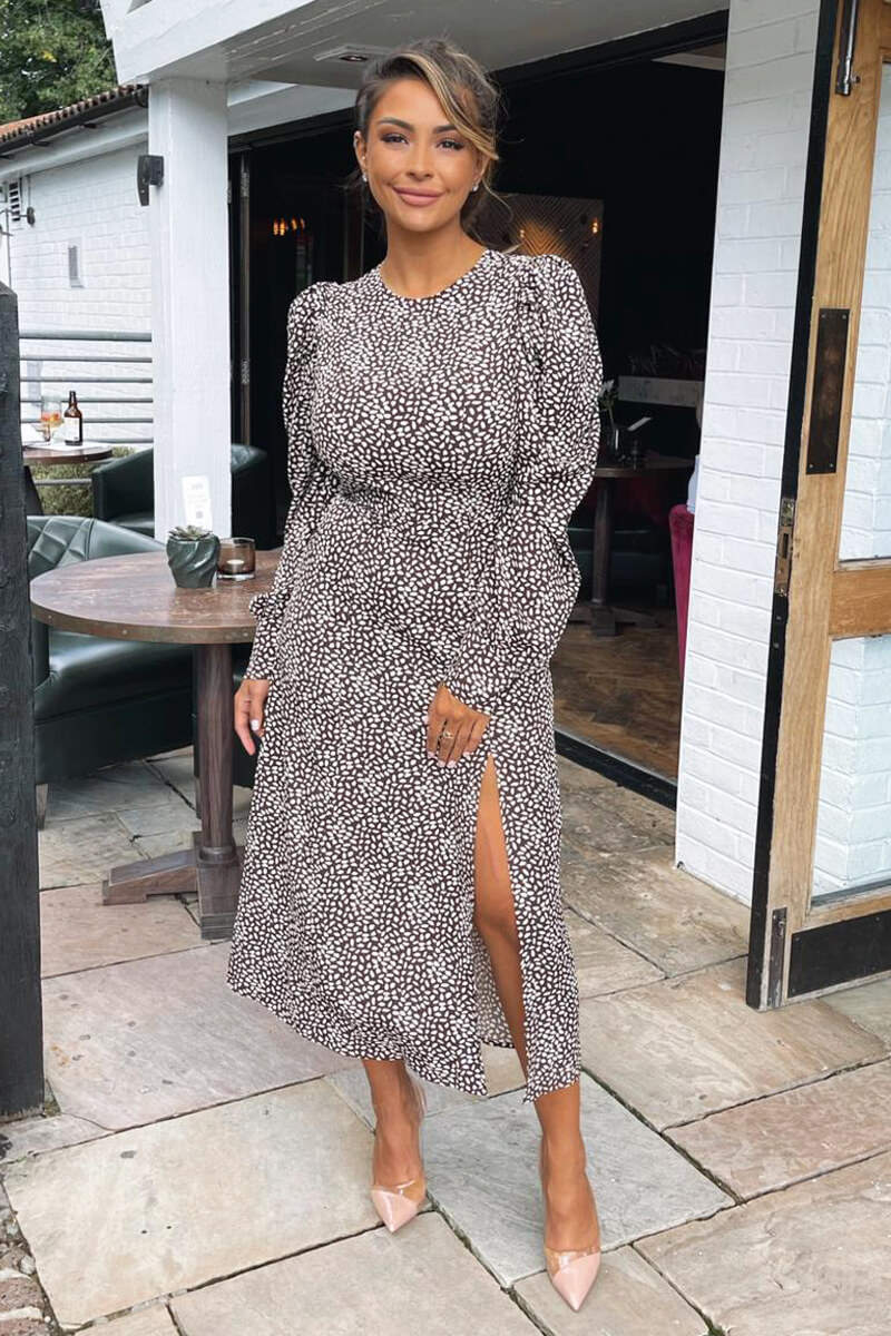 Brown Printed Long Sleeve Split Leg Midi Dress – AX Paris US
