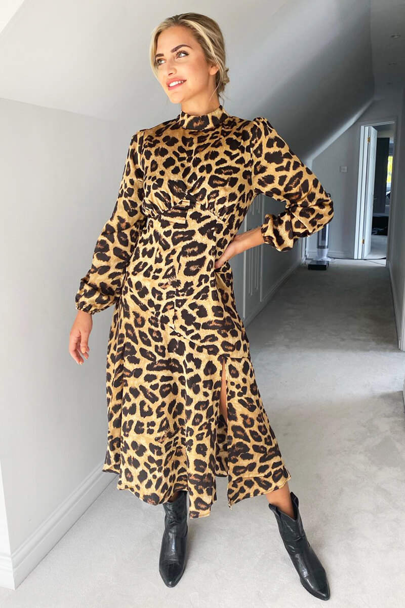 Camel Leopard Print Silky High Neck Dress