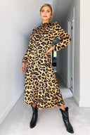 Camel Leopard Print Silky High Neck Dress