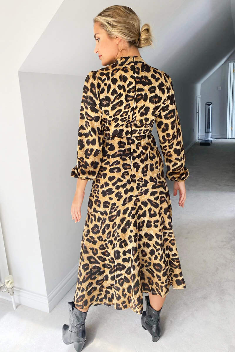 Camel Leopard Print Silky High Neck Dress