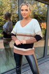 Chocolate V Front Colour Block Striped Knitted Jumper