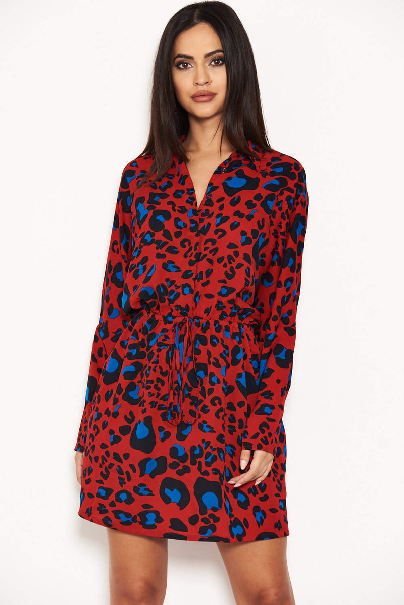 Red Animal Print Tie Waist Shirt Dress