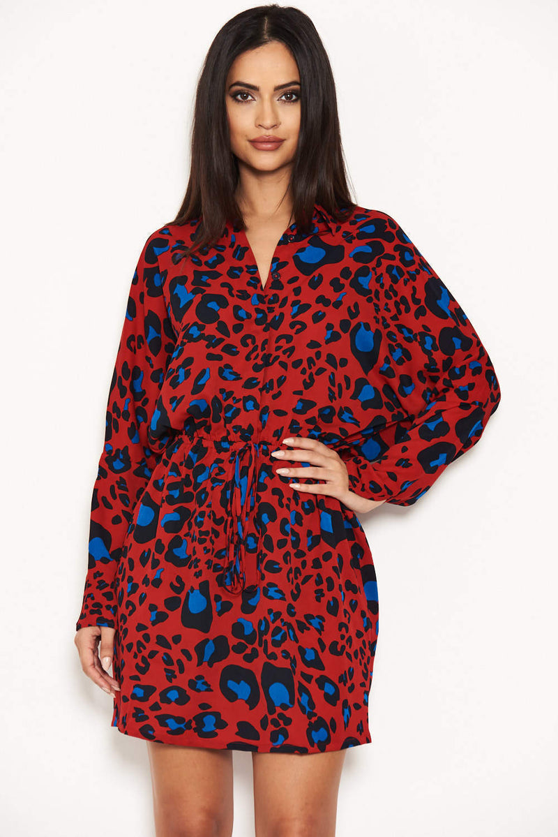 Red Animal Print Tie Waist Shirt Dress