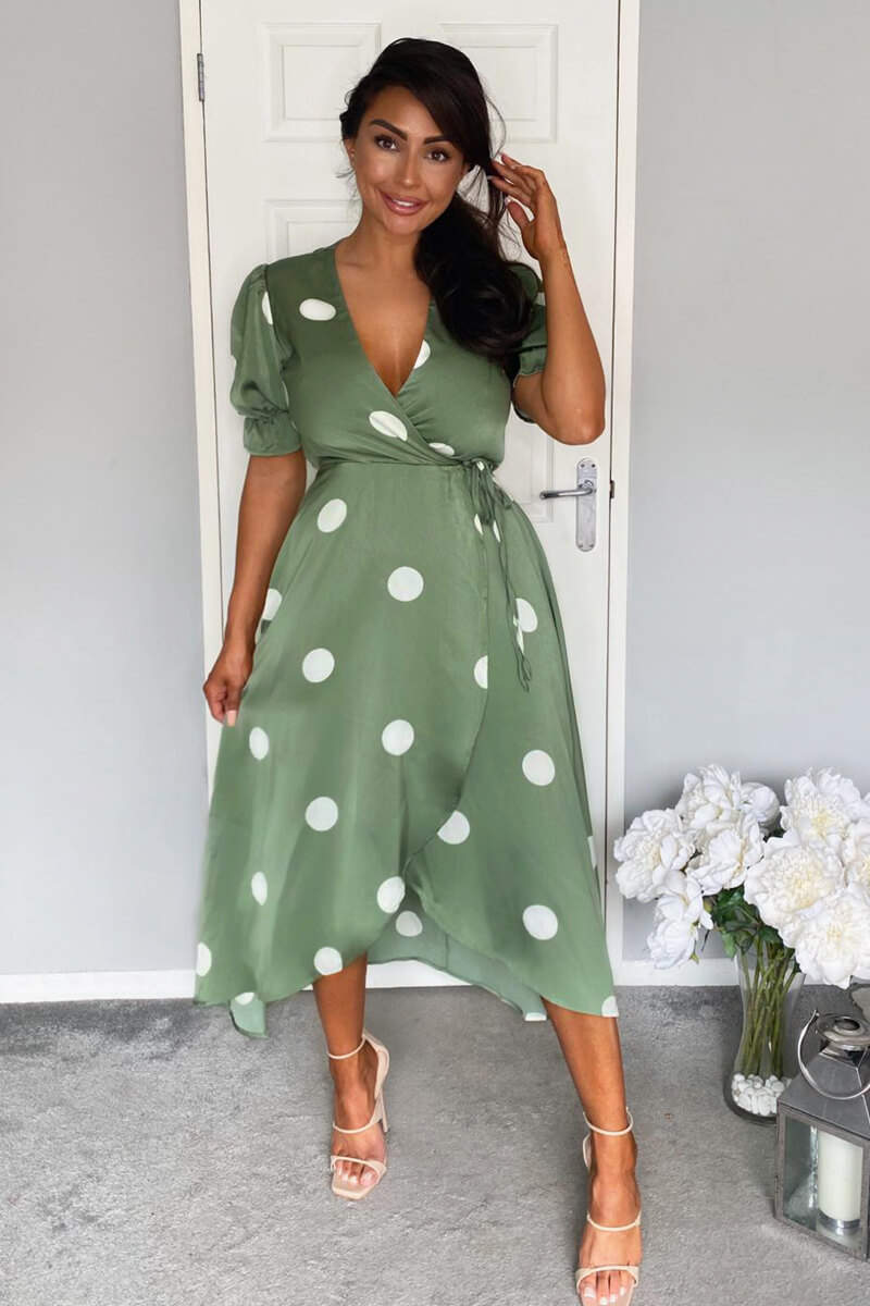 Green Dot Print Wrap Over Midi Dress AX Paris US Green Dot Print Wrap Over Midi Dress AX Paris US