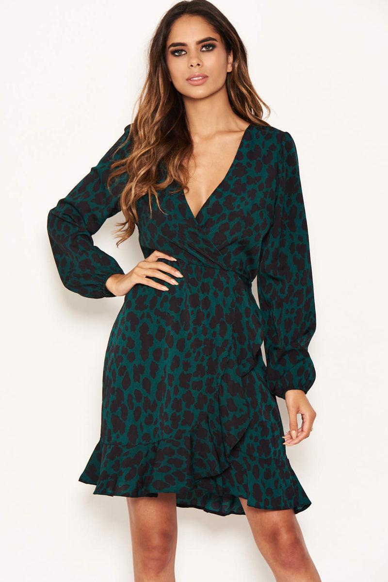 Green Leopard Print Long Sleeve Wrap Dress Green Leopard Print Long Sleeve Wrap Dress