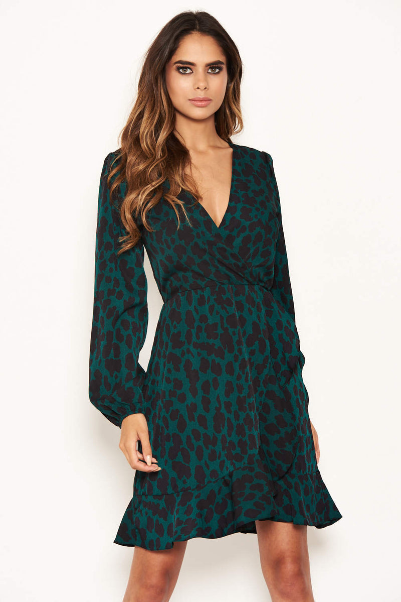 Green Leopard Print Long Sleeve Wrap Dress