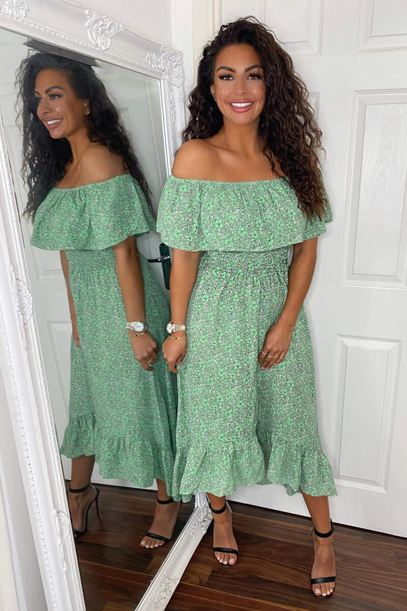 Green Printed Bardot Style Midi Dress – AX Paris US