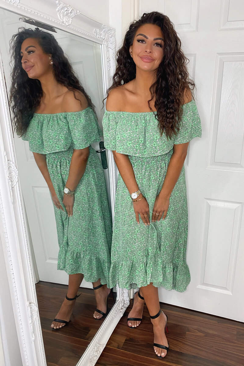 Green Printed Bardot Style Midi Dress